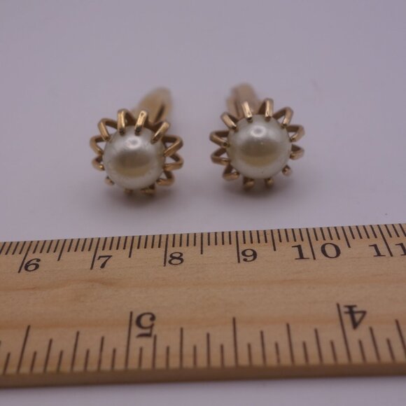 Gold Color Cuff Links with Setting Holding a Pearl PAT. PEND - Picture 9 of 13
